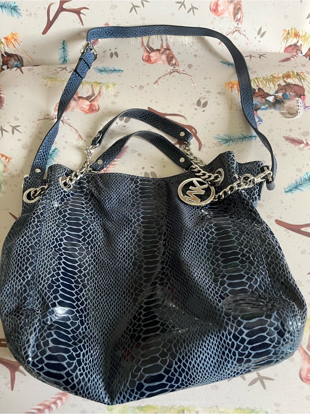 Michael Kors Blue Snake-Embossed Leather Shoulder Bag with Chain Trim